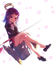 Rule 34 | 10s, 1girl, backlighting, cherry blossoms, crossed legs, feet, full body, glaive (polearm), halo, head rest, highres, kantai collection, legs, light smile, loafers, long legs, long sleeves, looking at viewer, mecha musume, mechanical halo, miniskirt, mocha, no socks, petals, pleated skirt, polearm, purple eyes, purple hair, school uniform, shoe dangle, shoes, short hair, simple background, sitting, skirt, solo, tatsuta (kancolle), white background