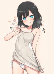 Rule 34 | 1girl, :q, @ @, beige background, black hair, blue eyes, blush, camisole, closed mouth, clothes pull, collarbone, commentary, cowboy shot, hand up, heart, highres, looking at viewer, naughty face, nonono (mino), original, panties, partially visible vulva, patch, ribbon, side-tie panties, simple background, smile, solo, stitches, strap pull, sweat, thighs, tongue, tongue out, tsurime, underwear
