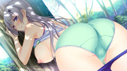 Rule 34 | 1girl, against tree, ane yome concerto, ass, ass focus, ayase hazuki, bent over, blue eyes, blurry, blush, bra, bra lift, breasts, breasts out, buruma, buruma pull, candysoft, clothes lift, clothes pull, crotch, depth of field, dutch angle, female focus, from behind, game cg, green panties, hair ornament, hairpin, hime cut, large breasts, long hair, looking at viewer, looking back, nature, nipples, outdoors, panties, presenting, puffy nipples, shirt lift, silver hair, solo, standing, sweat, sylvie yaburonya hidaka, thigh gap, tree, underwear