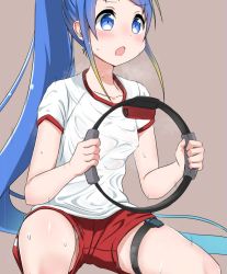 Rule 34 | 1girl, alternate costume, alternate hairstyle, blonde hair, blouse, blue eyes, blue hair, breath, brown background, gradient hair, gym uniform, kantai collection, long hair, multicolored hair, ponytail, red shorts, ring-con, ring fit adventure, samidare (kancolle), shirt, shorts, simple background, solo, squatting, sweat, swept bangs, t-shirt, thigh strap, very long hair, white shirt, yokoshima (euphoria)