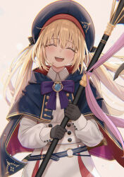Rule 34 | 1girl, artoria caster (fate), artoria caster (second ascension) (fate), artoria pendragon (fate), belt, beret, black bow, black gloves, blonde hair, blue belt, blue cloak, blue gemstone, blue hat, blush, bomberca309, bow, buttons, cloak, closed eyes, collared shirt, derivative work, facing viewer, fate/grand order, fate (series), gem, gloves, gold trim, hair between eyes, hair bow, hat, highres, holding, holding staff, long hair, long sleeves, open mouth, ornament, pink ribbon, purple bow, ribbon, shirt, skirt, smile, solo, staff, teeth, twintails, white background, white shirt, white skirt