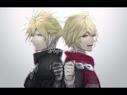 Rule 34 | 2boys, ahoge, armor, back-to-back, black gloves, black shirt, blonde hair, blue eyes, closed mouth, cloud strife, crossed bangs, earrings, final fantasy, final fantasy vii, final fantasy vii advent children, gloves, grey background, hair between eyes, high collar, jewelry, letterboxed, looking at viewer, male focus, multiple boys, nintendo, open mouth, red vest, rei (teponea121), shirt, short hair, shoulder armor, shulk (xenoblade), single earring, smile, spiked hair, super smash bros., vest, xenoblade chronicles (series), xenoblade chronicles 1