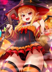 Rule 34 | 1girl, alternate costume, bare shoulders, basket, bat (animal), black choker, black hat, black panties, candy, chiroshiron, choker, dress, fang, fingernails, flandre scarlet, food, full moon, halloween, hat, highres, holding, lollipop, long hair, looking at viewer, moon, musical note, open mouth, orange thighhighs, outdoors, panties, pointy ears, red eyes, red moon, short dress, smile, solo, staff, strapless, strapless dress, thighhighs, touhou, underwear, wings, witch hat