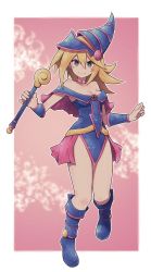 Rule 34 | 1girl, bad id, bad twitter id, blonde hair, blue dress, blue footwear, blue hat, blush stickers, boots, bracer, breasts, cleavage, closed mouth, commentary request, dark magician girl, dress, duel monster, floating, full body, green eyes, hat, highres, holding, holding wand, lamb-oic029, long hair, looking at viewer, medium breasts, off-shoulder dress, off shoulder, outside border, pentacle, pink background, short dress, smile, solo, wand, wizard hat, yu-gi-oh!, yu-gi-oh! duel monsters