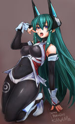 Rule 34 | 1girl, aqua hair, bare shoulders, black background, blush, bodysuit, boots, breasts, brown background, cake, cleavage, covered navel, detached sleeves, eating, english text, fingerless gloves, flower, food, gloves, green hair, hair flower, hair ornament, happy birthday, highres, kneeling, large breasts, long hair, menou kaname (taishi), navel, open mouth, original, purple eyes, simple background, solo, taishi (artist), taishi (picchiridou), tongue, tongue out, very long hair