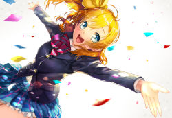 Rule 34 | 10s, 1girl, :d, blazer, blue eyes, buttons, confetti, hair ribbon, highres, jacket, kanipanda, kosaka honoka, long hair, looking at viewer, love live!, love live! school idol project, open mouth, orange hair, outstretched arms, plaid, plaid skirt, ribbon, school uniform, side ponytail, skirt, smile, solo, spread arms