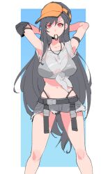 Rule 34 | 1girl, arm strap, armpits, arms behind head, arms up, bare legs, baseball cap, belt, bikini, bikini under clothes, black bikini, black hair, border, breasts, closed mouth, denim, denim skirt, earrings, elbow pads, feet out of frame, final fantasy, final fantasy vii, final fantasy vii ever crisis, frayed skirt, grey skirt, hair tie in mouth, hat, highleg, highleg bikini, highres, jewelry, large breasts, long hair, looking at viewer, low-tied long hair, midriff, miniskirt, mouth hold, navel, official alternate costume, outside border, pokashi, red eyes, see-through, see-through shirt, shirt, short sleeves, single earring, single elbow pad, single sidelock, skirt, solo, standing, swimsuit, teardrop earrings, tied shirt, tifa lockhart, tifa lockhart (lifeguard), very long hair, wet, wet clothes, wet shirt, white border, white shirt