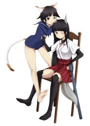 Rule 34 | 2girls, anabuki tomoko, animal ears, barefoot, black hair, chair, feet, highres, legs, long hair, multiple girls, no shoes, one eye closed, pink eyes, rosettastone, sakomizu haruka, short hair, smile, strike witches, strike witches: suomus misfits squadron, tail, thighhighs, toes, wink, world witches series