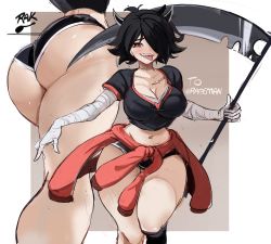 Rule 34 | 1girl, ass, black hair, black horns, black shirt, black shorts, black socks, borrowed character, breasts, brown background, commission, hair over one eye, highres, holding, holding weapon, horns, large breasts, leg up, navel, original, outside border, rakeemspoon, red eyes, scythe, sharp teeth, shirt, short hair, short shorts, shorts, signature, socks, stitched neck, stitches, stitching, symbol-only commentary, tank top, teeth, thick thighs, thighs, tongue, tongue out, twitter username, weapon