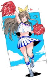 Rule 34 | 1girl, arm up, armpits, blue sky, blue trim, blush, bow, breasts, brown eyes, brown hair, cheerleader, cloud, dot nose, floating hair, full body, hair bow, hair ribbon, hand up, heart, holding, holding pom poms, idolmaster, idolmaster shiny colors, large breasts, leg up, long hair, looking at viewer, midriff, navel, one eye closed, open mouth, pleated skirt, pom pom (cheerleading), pom poms, ponytail, print shirt, ribbon, shirt, shoes, shotan, skirt, sky, smile, sneakers, socks, solo, standing, standing on one leg, striped ribbon, swept bangs, text print, tsukioka kogane, white background, white footwear, white shirt, white skirt, white socks, yellow ribbon