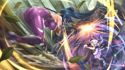 Rule 34 | 2girls, absurdres, acrobatics, ass, blue hair, bodysuit, braid, breasts, character request, fighting, game cg, grey hair, grin, highres, igawa asagi, jumping, large breasts, lilith-soft, long hair, looking at another, multiple girls, official art, single braid, skin tight, small breasts, smile, taimanin (series), taimanin asagi, taimanin rpgx, taimanin suit