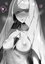 Rule 34 | 1girl, bad id, bad pixiv id, blush, collar, colored skin, covered erect nipples, creatures (company), game freak, hair in own mouth, heart, heart-shaped pupils, ikuchan kaoru, licking lips, long hair, looking to the side, lusamine (pokemon), monochrome, multicolored skin, nintendo, nipples, no bra, pokemon, pokemon sm, saliva, solo, spoken heart, symbol-shaped pupils, tongue, tongue out