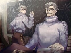 Rule 34 | 2boys, blue eyes, book, chalk, chalkboard, equation, facial hair, fate/grand order, fate (series), glasses, grey hair, grey sweater, holding, holding chalk, james moriarty (archer) (fate), james moriarty (ruler) (fate), looking at viewer, multiple boys, mustache, old, old man, ou syoku7, pants, scar, scar across eye, smile, sweater, turtleneck, turtleneck sweater