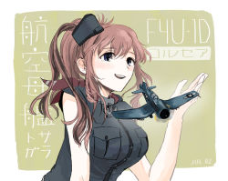 Rule 34 | 1girl, aircraft, airplane, blue eyes, breast pocket, brown hair, character name, dated, f4u corsair, hair between eyes, highres, kantai collection, long hair, neckerchief, pocket, ponytail, red neckerchief, saratoga (kancolle), saratoga mk ii (kancolle), side ponytail, sidelocks, smile, solo, upper body, zippo teifujou