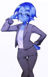 Rule 34 | blue eyes, blue hair, breasts, cleavage, feet out of frame, formal, frown, glass, monster girl, nijitama shiyushiyu, original, pant suit, pants, pointy ears, short hair, simple background, slime girl, small breasts, suit, white background