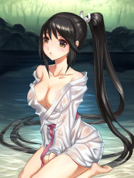 Rule 34 | 1girl, :o, between thighs, blush, body blush, breasts, brown eyes, cleavage, collarbone, highres, long hair, md5 mismatch, no toes, original, ponytail, seiza, sitting, solo, very long hair, water, wet, wet clothes, youbou