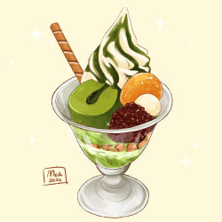 Rule 34 | cup, dated, food, food focus, ice cream, matcha (food), meikitefuka, no humans, original, parfait, signature, simple background, sparkle, still life, yellow background