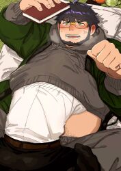 Rule 34 | 2boys, anger vein, bara, black hair, blush, book, chinstrap beard, clenched hand, clothes lift, facial hair, fat, fat man, feet out of frame, futon, glasses, green eyes, grey hoodie, haishiba ame, hanten (clothes), head under another&#039;s clothes, highres, holding, holding book, hood, hoodie, hoodie lift, live a hero, lying, male focus, male protagonist (live a hero), midriff peek, multiple boys, navel hair, on back, on bed, open mouth, pants, rectangular eyewear, santetsu (live a hero), short hair, size difference, sweatdrop, sweatpants, thick eyebrows, under another&#039;s clothes, yaoi, yellow-framed eyewear