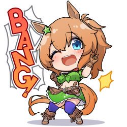 Rule 34 | 1girl, animal ears, belt, blue eyes, breasts, brown belt, brown footwear, brown gloves, commentary, english text, full body, gloves, green skirt, gun, hair ornament, hands up, highres, holster, holstered, horse ears, horse girl, horse tail, large breasts, light brown hair, long hair, looking at viewer, miniskirt, navel, one eye closed, open mouth, purple thighhighs, simple background, skirt, solo, standing, star (symbol), star hair ornament, taiki shuttle (umamusume), tail, teeth, thighhighs, thighs, umamusume, upper teeth only, warashi, weapon, white background