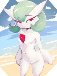 Rule 34 | 1girl, absurdres, arms at sides, beach, bikini tan, blue sky, bob cut, breasts, cloud, collarbone, colored skin, completely nude, creatures (company), day, female focus, fir3born, game freak, gardevoir, gen 3 pokemon, glint, green hair, groin, half-closed eyes, highres, horizon, looking at viewer, navel, nintendo, nipples, nude, ocean, outdoors, parted lips, pokemon, pokemon (creature), raised eyebrows, red eyes, sand, short hair, sky, small breasts, solo, standing, stomach, tan, tanline, teeth, thighs, water, white skin