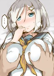 Rule 34 | 10s, 1girl, admiral (kancolle), ascot, bad id, bad pixiv id, blue eyes, blush, grabbing another&#039;s breast, breast hold, breasts, covered erect nipples, grabbing, hair ornament, hair over one eye, hairclip, hamakaze (kancolle), heavy breathing, kantai collection, large breasts, looking up, rca, school uniform, serafuku, short hair, white hair