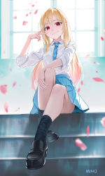 Rule 34 | 1girl, absurdres, black footwear, black socks, blonde hair, blue necktie, blue skirt, commentary request, hand up, highres, indoors, kitagawa marin, loafers, long hair, long sleeves, looking at viewer, miniskirt, minoominoomi, necktie, petals, pleated skirt, red eyes, shirt, shoes, sitting, skirt, smile, socks, solo, sono bisque doll wa koi wo suru, thighs, v over eye, very long hair, white shirt