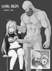 Rule 34 | 1boy, 1girl, ahegao, beard, breast poke, breasts, clothed female nude male, clothes lift, cropped shirt, facial hair, hand on another&#039;s head, highres, imminent penetration, imminent rape, large penis, long hair, medium breasts, bae minah (chaesu), monochrome, muscular, muscular male, nipple slip, nipples, nude, open mouth, penis, penis awe, poking, saliva, saliva trail, screaming, shirt lift, size comparison, size difference, sizekinx, testicles, text background, veins, veiny penis, wide-eyed, wide hips, you gonna get raped