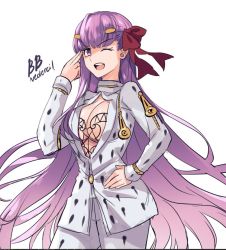 Rule 34 | &gt;:), 1girl, bb (fate), bb (fate/extra), breasts, bruno bucciarati, bruno bucciarati (cosplay), cleavage, cleavage cutout, clothing cutout, commentary, contrapposto, cosplay, cowboy shot, english commentary, fate/extra, fate/extra ccc, fate (series), hair ribbon, hand on own hip, jojo no kimyou na bouken, large breasts, long hair, one eye closed, open mouth, purple eyes, purple hair, red ribbon, ribbon, sagta panggang, smile, solo, v-shaped eyebrows, vento aureo, very long hair, zipper