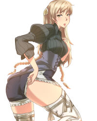 Rule 34 | 1girl, bakuya, blonde hair, blush, boots, braid, breasts, highres, long hair, looking at viewer, medium breasts, open mouth, pantylines, ravness loxaerion, short shorts, shorts, simple background, solo, sweat, tactics ogre, thigh boots, thighhighs, twin braids, white background, yellow eyes