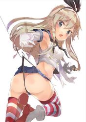 Rule 34 | 10s, 1girl, anchor, ass, bare shoulders, black panties, blonde hair, blue eyes, butt crack, elbow gloves, fishing hook, fishing line, gloves, hairband, highleg, highleg panties, hook, jpeg artifacts, kantai collection, long hair, looking at viewer, midriff, miniskirt, open mouth, panties, sailor collar, shimakaze (kancolle), skirt, solo, striped clothes, striped thighhighs, thighhighs, thong, underwear, wedgie, white background, white gloves, yukizumi remon
