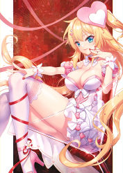 Rule 34 | 1girl, akai haato, blonde hair, blue eyes, breasts, choker, cleavage, cocktail glass, cup, dress, drinking glass, hair ornament, heart, heart hair ornament, high heels, hololive, lace, lace-trimmed legwear, lace trim, long hair, nail polish, onigiri-kun (demmy), ribbon, sitting, skindentation, smile, solo, thighhighs, very long hair, virtual youtuber, wedding dress, white thighhighs