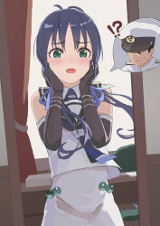 Rule 34 | !?, 1boy, 1girl, admiral (kancolle), antenna hair, bare shoulders, blue hair, blush, body switch, commentary request, desk, elbow gloves, gloves, green eyes, hair ribbon, hands on own cheeks, hands on own face, highres, kantai collection, long hair, looking at mirror, low twintails, mirror, open mouth, personality switch, reflection, ribbon, sailor collar, shirt, sleeveless, sleeveless shirt, solo focus, surprised, suzukaze (kancolle), twintails, yuu+