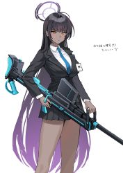 Rule 34 | 1girl, absurdres, anti-materiel rifle, bad id, bad twitter id, black hair, black jacket, black skirt, blue archive, blue necktie, breasts, closed mouth, collared shirt, dark-skinned female, dark skin, expressionless, feet out of frame, gradient hair, gun, halo, highres, holding, holding gun, holding weapon, id card, jacket, karin (blue archive), large breasts, long sleeves, looking at viewer, miniskirt, multicolored hair, nayuta ggg, necktie, pleated skirt, rifle, shirt, sidelocks, skirt, sniper rifle, solo, standing, translation request, weapon, white background, white shirt, yellow eyes
