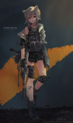 Rule 34 | 1girl, animal ears, assault rifle, bandages, bandaged leg, black gloves, blonde hair, bulletproof vest, cat ears, closed mouth, contrapposto, gloves, gun, highres, holding, holding gun, holding weapon, inabi, jacket, knee pads, looking at viewer, military, off shoulder, original, red eyes, rifle, short hair, short shorts, shorts, solo, standing, trigger discipline, watermark, weapon