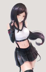 Rule 34 | 1girl, black gloves, black hair, black skirt, black thighhighs, breasts, closed mouth, collarbone, contrapposto, cowboy shot, crop top, earrings, elbow gloves, final fantasy, final fantasy vii, fingerless gloves, floating hair, gloves, grey background, highres, jewelry, leonmandala, long hair, looking at viewer, low-tied long hair, medium breasts, midriff, miniskirt, navel, parted bangs, pleated skirt, red eyes, simple background, skirt, smile, solo, standing, stomach, suspender skirt, suspenders, thighhighs, tifa lockhart, very long hair, zettai ryouiki