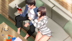 Rule 34 | 1girl, barefoot, book, breasts, brown eyes, brown hair, cle masahiro, cleavage, couch, cup, drinking glass, floor, from above, glasses, highres, holding, holding book, hood, hooded jacket, index finger raised, indoors, jacket, juice, large breasts, legs, medium hair, mole, mole on breast, muhannou itoko to iikoto shidou, original, pointing, short shorts, shorts, sitting, sleeves past wrists, striped clothes, striped jacket, table, thighs