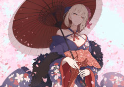 Rule 34 | 1girl, artoria pendragon (all), artoria pendragon (fate), black border, black kimono, blonde hair, border, bow, breasts, cherry blossoms, cleavage, closed mouth, commentary, day, expressionless, fate/grand order, fate (series), floral print, flower, fur scarf, hair bow, hair flower, hair ornament, highres, holding, holding umbrella, japanese clothes, kimono, kodamazon, long sleeves, looking at viewer, medium breasts, off shoulder, official alternate costume, oil-paper umbrella, outdoors, petals, pink flower, print kimono, saber alter, short hair, solo, spring (season), standing, umbrella, wide sleeves, yellow eyes