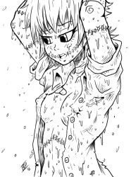 Rule 34 | 1girl, bandaid, bdsm, blush, bondage, bound, breasts, cleavage, covered erect nipples, hanako, hands up, highres, horror (theme), lineart, monochrome, monster girl, navel, nipples, open clothes, open shirt, original, shirt, short hair, stitches, swamimen, swamitsunami, sweat, torn clothes, torn shirt, wet, zombie girl