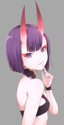 Rule 34 | 1girl, bob cut, breasts, fang, fang out, fate/grand order, fate (series), finger to mouth, ha-ru, headpiece, highres, horns, looking at viewer, oni, parted lips, pointy ears, purple eyes, purple hair, short hair, shuten douji (fate), skin-covered horns, small breasts, smile, solo, upper body