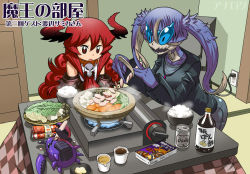 Rule 34 | 2girls, alcohol, arthropod girl, asahi beer, asahi breweries, beer, beer can, blue eyes, blue hair, borrowed character, bowl, can, claws, cooking, crab, crab girl, crossover, cutting, demon girl, drink can, elbow gloves, food, gloves, horns, indoors, kotatsu, long hair, maou beluzel, matsuda yuusuke, monster girl, multiple girls, mundane utility, nabe, o-ring, o-ring top, original, pot, red eyes, red hair, rice, rice bowl, sauce, skull, stove, table, tatami, television, tofu, translation request, twintails, very long hair, watanabe (tagane), yuusha to maou