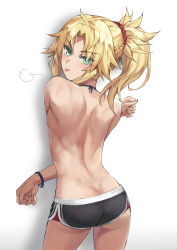 Rule 34 | 1girl, ass, back, black shorts, blonde hair, blush, braid, breasts, butt crack, dolphin shorts, fate/apocrypha, fate (series), female focus, french braid, green eyes, highres, long hair, looking at viewer, looking back, mordred (fate), mordred (fate/apocrypha), parted bangs, ponytail, short shorts, shorts, sidelocks, small breasts, solo, thighs, tonee, tongue, tongue out, topless