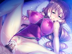 Rule 34 | 1girl, aozora stripe, bed, blue eyes, blush, braid, breasts, brown hair, censored, cum, cum in pussy, game cg, lactation, lactation through clothes, large breasts, long hair, milk, nipples, open mouth, penis, pillow, piromizu, sawatari kyouko, sex, swimsuit, vaginal