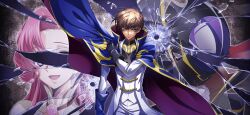 Rule 34 | 1girl, 2boys, adjusting cape, adjusting clothes, arm at side, artist request, black gloves, black shirt, blue cape, broken glass, bullet hole, cape, closed mouth, coat, code geass, code geass: lost stories, euphemia li britannia, game cg, glass, gloves, gold trim, green eyes, hand up, high collar, highres, inset, jacket, kururugi suzaku, long sleeves, looking at viewer, male focus, military uniform, multiple boys, non-web source, official art, pants, serious, shirt, sidelocks, standing, two-sided cape, two-sided fabric, uniform, v-shaped eyebrows, white coat, white jacket, white pants, zero (code geass)
