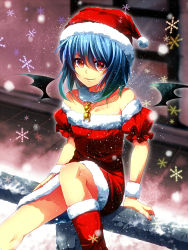 Rule 34 | 1girl, alternate costume, bare shoulders, bat wings, blue hair, boots, collarbone, dress, female focus, hat, highres, jewelry, kuga huna, looking at viewer, multicolored eyes, necklace, pink eyes, railing, red dress, red skirt, remilia scarlet, santa boots, santa costume, santa hat, short hair, sitting, skirt, smile, snowing, solo, touhou, wings, wrist cuffs, yellow eyes