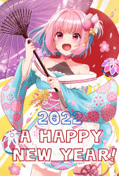 Rule 34 | 1girl, 2022, adapted costume, ahoge, apron, bare shoulders, blue hair, blue kimono, breasts, choker, dot nose, fangs, floating hair, floral print, foreshortening, frilled sash, hair intakes, hair ornament, hands up, happy new year, highres, holding, idolmaster, idolmaster cinderella girls, idolmaster cinderella girls starlight stage, japanese clothes, kamiyaminatsu, kimono, large breasts, looking at viewer, multicolored hair, new year, o-ring, obi, oil-paper umbrella, open mouth, petals, pink eyes, pink hair, pink sash, sash, short hair, smile, solo, thigh strap, thighs, tongue, two-tone hair, umbrella, v-shaped eyebrows, waist apron, white apron, wide sleeves, yumemi riamu, zipper, zipper pull tab
