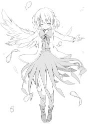 Rule 34 | 1girl, absurdres, angel wings, blush, boots, bow, bowtie, brooch, closed eyes, closed mouth, commentary, dress, falling feathers, feathered wings, feathers, greyscale, highres, jacket, jewelry, kishin sagume, long sleeves, medium hair, monochrome, open clothes, open jacket, outstretched arms, single wing, smile, solo, spread arms, touhou, tsuukinkaisoku oomiya, wings