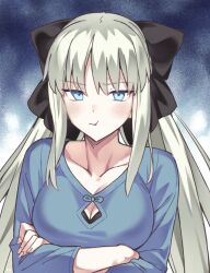 Rule 34 | 1girl, alternate costume, black bow, blue eyes, blue shirt, blush, bow, casual, closed mouth, collarbone, commentary request, crossed arms, fate/grand order, fate (series), grey hair, hair bow, highres, long hair, long sleeves, looking at viewer, mitsurugi sugar, morgan le fay (fate), pout, shirt, sidelocks, solo, twintails, very long hair