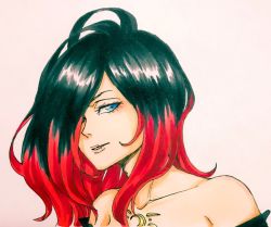 Rule 34 | 1girl, bare shoulders, black hair, blue eyes, crow (gravity daze), detached sleeves, gravity daze, gravity daze 2, hair over one eye, looking at viewer, multicolored hair, neck, red hair, solo, two-tone hair