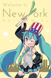 Rule 34 | 1girl, aqua eyes, aqua hair, arm up, detached sleeves, hand on own hip, hat, hatsune miku, headphones, highres, long hair, necktie, one eye closed, open mouth, skirt, solo, spring onion, thighhighs, top hat, twintails, very long hair, vocaloid, yuunagi show