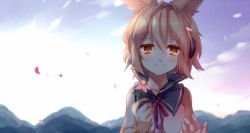Rule 34 | 1girl, blonde hair, blue sky, cloud, earmuffs, flower, headphones, looking at viewer, mountain, out of frame, petals, pov, pov hands, shirt, sky, sleeveless, sleeveless shirt, smile, solo, touhou, toyosatomimi no miko, upper body, yellow eyes, yetworldview kaze